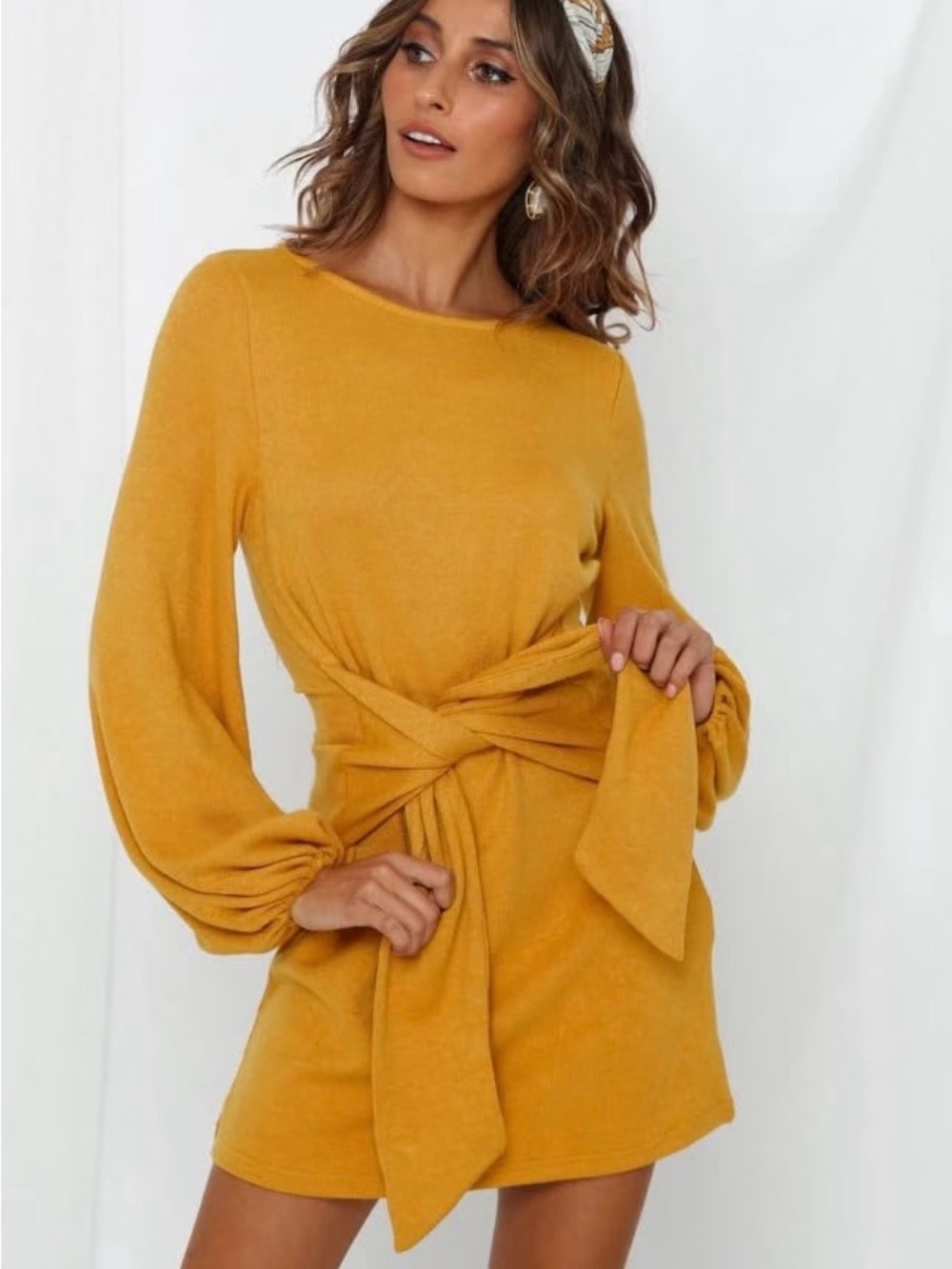 Tie-Waist Yellow Long Sleeve Mini Dress